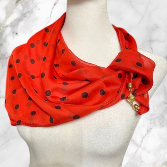 Red Polka Dot Sheer Scarf with Gold Bead Detail - Picture 1 of 4